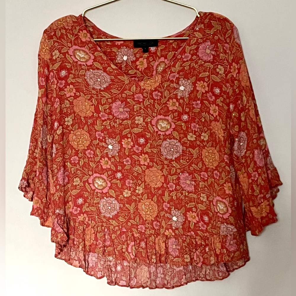 Rachel Zoe Rust Burnt Orange Floral Boho Bohemian V-Neck Ruffled Top Sz S EUC